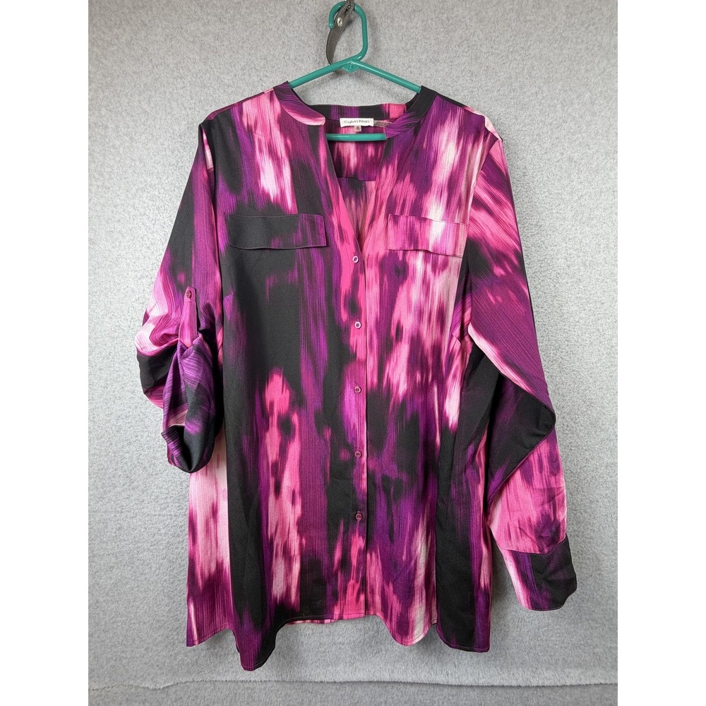 Calvin Klein Blouse Womens 1X Pink Geometricβ Tunic V Neck Roll Tab Sleeve Top